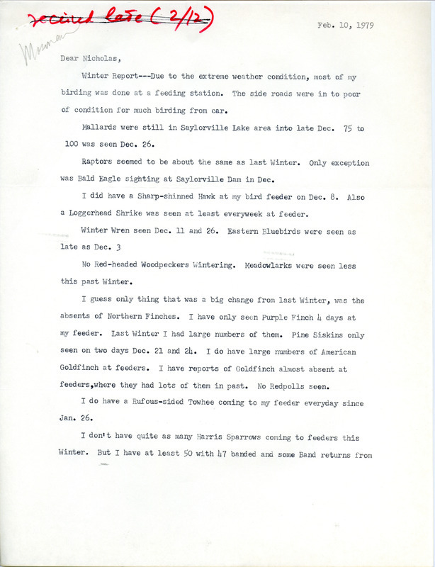 Letter from Dean Mosman to Nicholas S. Halmi regarding winter bird sightings from Saylorville Lake, Saylorville Dam and a feeding station, February 10, 1979. This item was used as supporting documentation for the Iowa Ornithologists' Union Quarterly field report of winter 1978-1979.