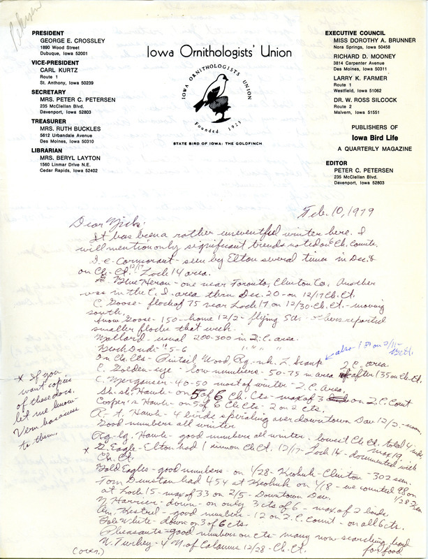 Letter from Peter C. Petersen to Nicholas S. Halmi regarding winter bird sightings in the Quad Cities area, February 10, 1979. This item was used as supporting documentation for the Iowa Ornithologists' Union Quarterly field report of winter 1978-1979.