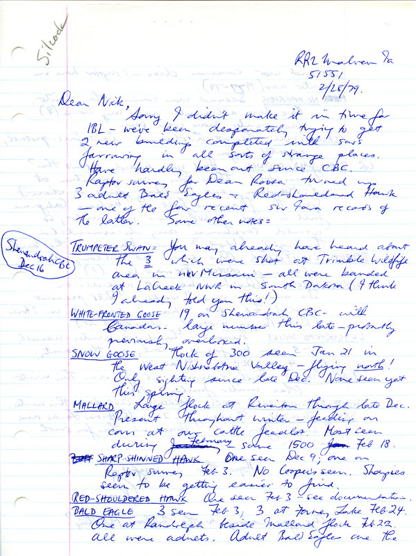 Letter from W. Ross Silcock to Nicholas S. Halmi regarding winter bird sightings. February 28, 1979. This item was used as supporting documentation for the Iowa Ornithologists' Union Quarterly field report of winter 1978-1979.