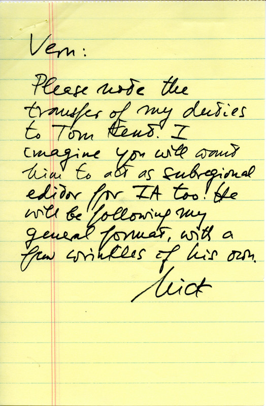 Quarterly field report for the spring of 1979. Includes an addenda to the winter report, 1978-1979. There is a letter attached from Nicholas S. Halmi to Vernon M. Kleen announcing transfer of his duties as compiler of the quarterly field report to Thomas H. Kent.