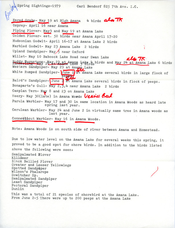 Spring report of birds found in and around Amana contributed by Carl J. Bendorf. This item was used as supporting documentation for the Iowa Ornithologists' Union Quarterly field report of spring 1979.