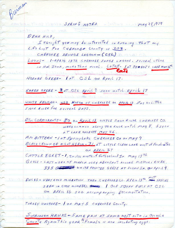 Letter from Dick Bierman to Nicholas S. Halmi regarding spring bird sightings in northwest Iowa, May 28, 1979. A rare sighting of a Purple Sandpiper was noted. This item was used as supporting documentation for the Iowa Ornithologists' Union Quarterly field report of spring 1979.