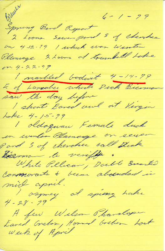 Spring report of birds found in northwest Iowa contributed by Marion M. Brewer, June 1, 1979. Sightings of a Marbled Godwit and an American Avocet are underlined in red. This item was used as supporting documentation for the Iowa Ornithologists' Union Quarterly field report of spring 1979.