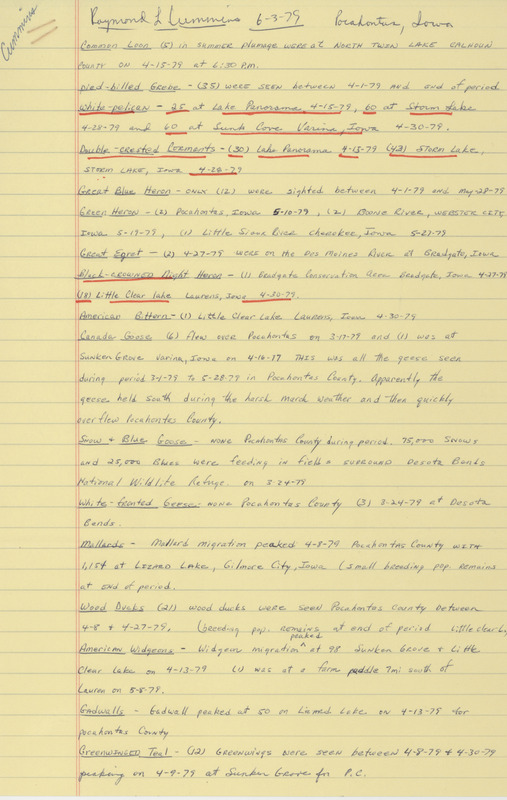 Spring report of birds found primarily in Pocahontas County contributed by Raymond L. Cummins, June 3, 1979. This item was used as supporting documentation for the Iowa Ornithologists' Union Quarterly field report of spring 1979.