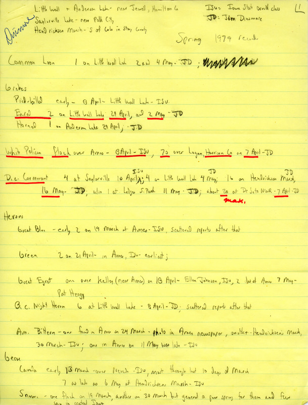 Spring report of birds contributed by James J. Dinsmore. This item was used as supporting documentation for the Iowa Ornithologists' Union Quarterly field report of spring 1979.