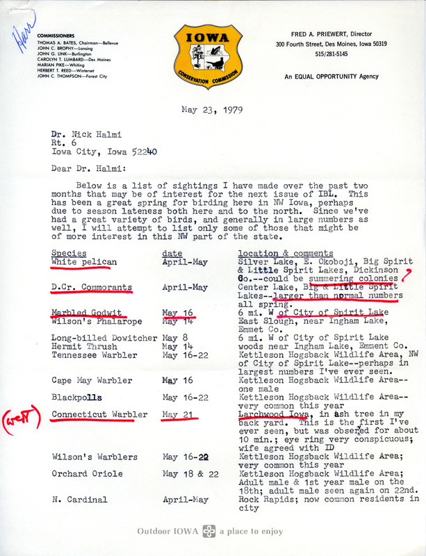 Letter from Douglas C. Harr to Nicholas S. Halmi regarding spring bird sightings in northwest Iowa, May 23, 1979. Sightings of American White Pelican, Double-crested Cormorant, Marbled Godwit, and Connecticut Warbler are underlined in red. This item was used as supporting documentation for the Iowa Ornithologists' Union Quarterly field report of spring 1979.