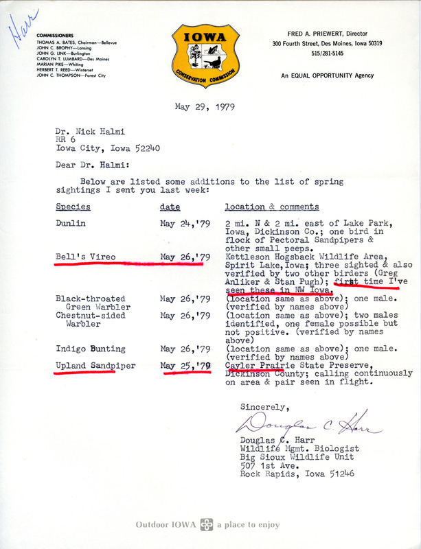 Letter from Douglas C. Harr to Nicholas S. Halmi regarding additional spring bird sightings in northwest Iowa, May 23, 1979. Sightings of Bell's Vireo and Upland Sandpiper are underlined in red. This item was used as supporting documentation for the Iowa Ornithologists' Union Quarterly field report of spring 1979.