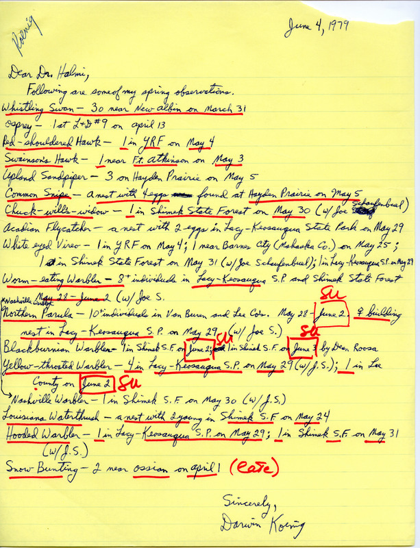 Letter from Darwin Koenig to Nicholas S. Halmi regarding spring bird sightings from various locations, June 4, 1979. This item was used as supporting documentation for the Iowa Ornithologists' Union Quarterly field report of spring 1979.