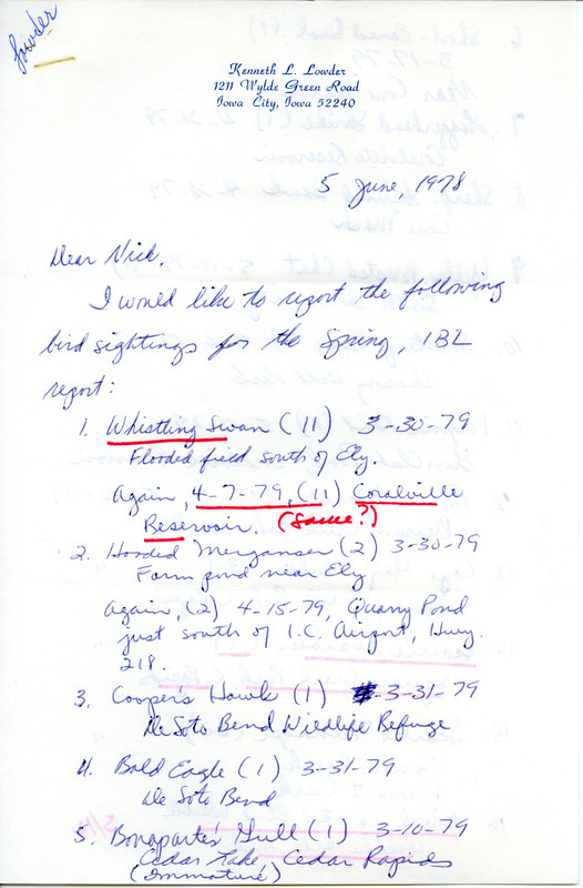 Letter from Ken Lowder to Nicholas S. Halmi regarding spring bird sightings, June 5, 1979. This item was used as supporting documentation for the Iowa Ornithologists' Union Quarterly field report of spring 1979.