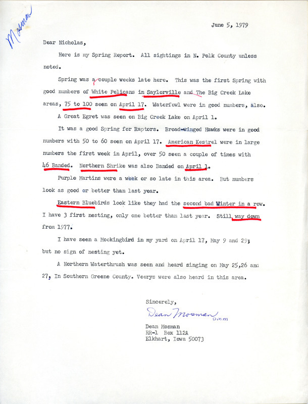 Letter from Dean Mosman to Nicholas S. Halmi regarding spring sightings in and around Polk County, June 5, 1979. This item was used as supporting documentation for the Iowa Ornithologists' Union Quarterly field report of spring 1979.