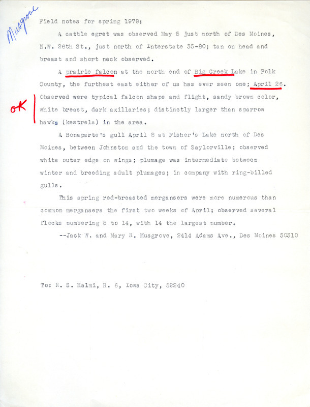 Spring report of birds found in and around Des Moines contributed by Jack W. Musgrove and M.R. Musgrove. This item was used as supporting documentation for the Iowa Ornithologists' Union Quarterly field report of spring 1979.