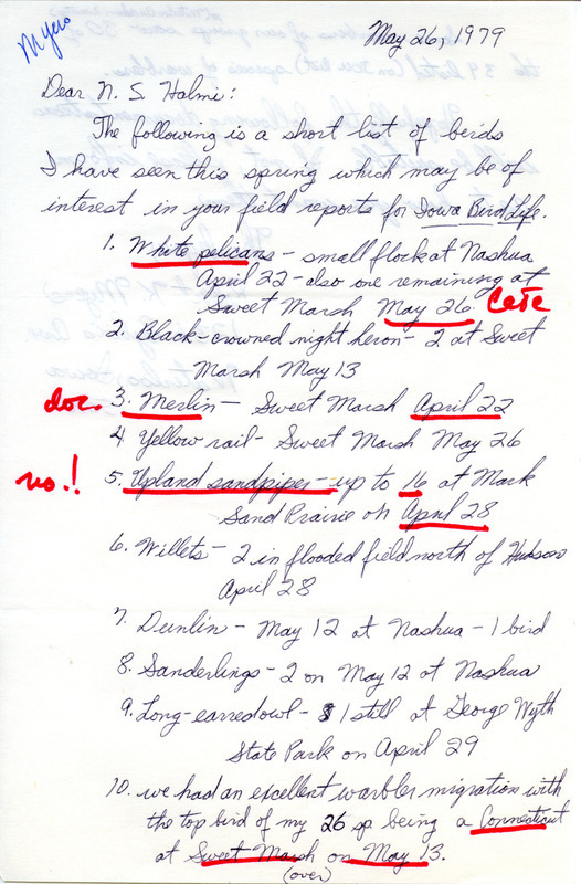 Letter from Robert K. Myers to Nicholas S. Halmi regarding spring bird sightings in and around Waterloo, May 26, 1979. This item was used as supporting documentation for the Iowa Ornithologists' Union Quarterly field report of spring 1979.