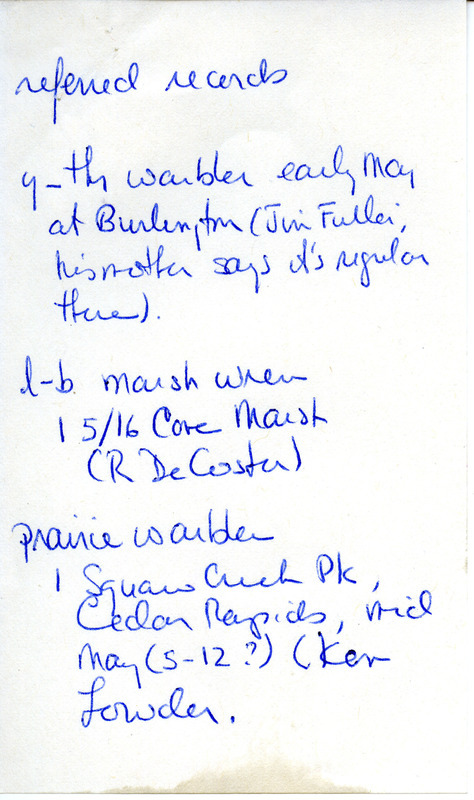 Spring report of birds contributed by Michael C. Newlon with referred sightings from others. This item was used as supporting documentation for the Iowa Ornithologists' Union Quarterly field report of spring 1979.