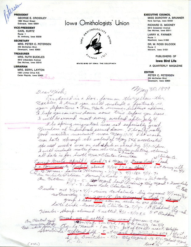 Letter from Peter C. Petersen to Nicholas S. Halmi regarding spring bird sightings in Scott County, Muscatine County, and Clinton County, May 30, 1979. This item was used as supporting documentation for the Iowa Ornithologists' Union Quarterly field report of spring 1979.