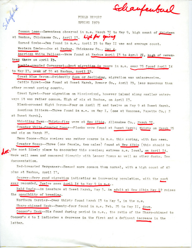 Spring report of birds and locations contributed by Joseph P. Schaufenbuel. This item was used as supporting documentation for the Iowa Ornithologists' Union Quarterly field report of spring 1979.