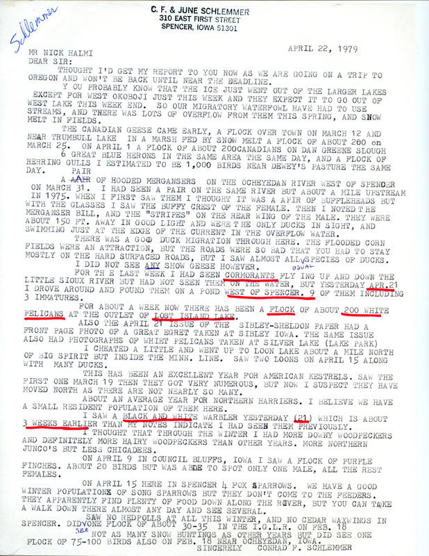 Letter from Conrad F. Schlemmer to Nicholas S. Halmi regarding spring bird sightings in northwest Iowa, April 22, 1979. This item was used as supporting documentation for the Iowa Ornithologists' Union Quarterly field report of spring 1979.