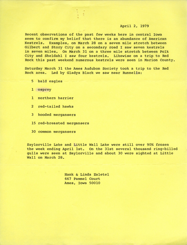 Spring report of birds contributed by Hank Zaletel and Linda Zaletel, April 2, 1979. The report confirms a large number of American Kestrel sightings as well as sightings of various other birds. This item was used as supporting documentation for the Iowa Ornithologists' Union Quarterly field report of spring 1979.