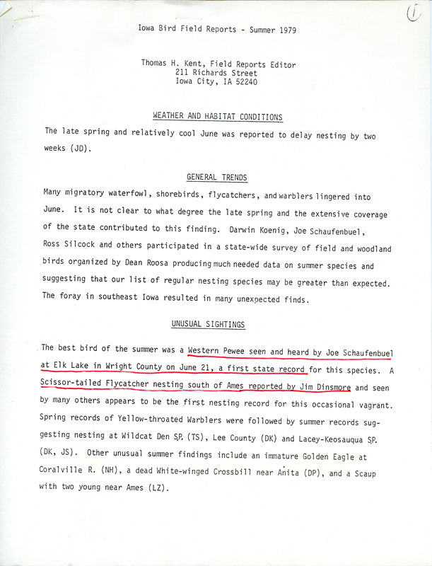 Iowa Ornithologists Union Quarterly field report for the summer of 1979 titled "Iowa Bird Field Reports--Summer 1979" compiled by Thomas H. Kent.