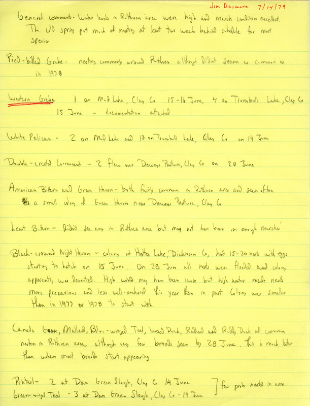 Observational notes and list of bird sightings by James J. Dinsmore, July 14, 1979. This item was used as supporting documentation for the Iowa Ornithologists' Union Quarterly Report of summer 1979.