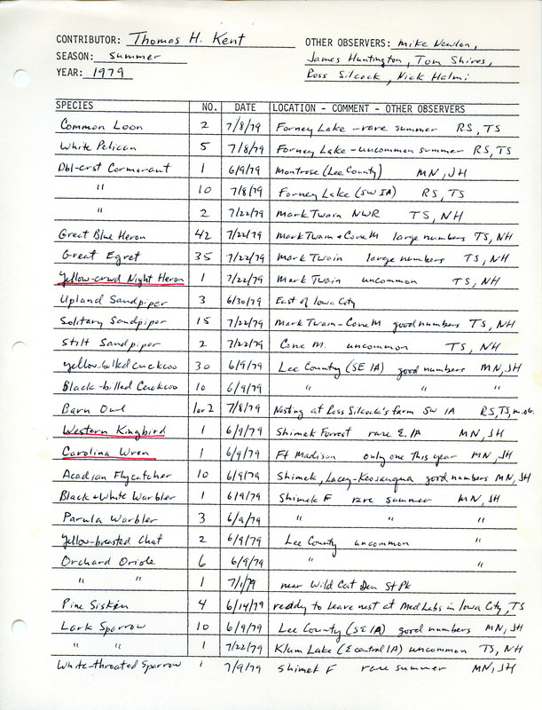 Field notes contributed by Thomas H. Kent for summer 1979. Sightings cover portions of southeastern Iowa and include a Yellow-Crowned Night Heron, a Western Kingbird, and a Carolina Wren. This item was used as supporting documentation for the Iowa Ornithologists Union Quarterly Report of summer 1979.