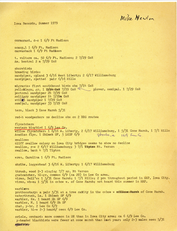 Field notes contributed by Michael C. Newlon. Includes a sighting of a Western Kingbird in Lee County on June 9, 1979. This item was used as supporting documentation for the Iowa Ornithologists' Union Quarterly Report of summer 1979.