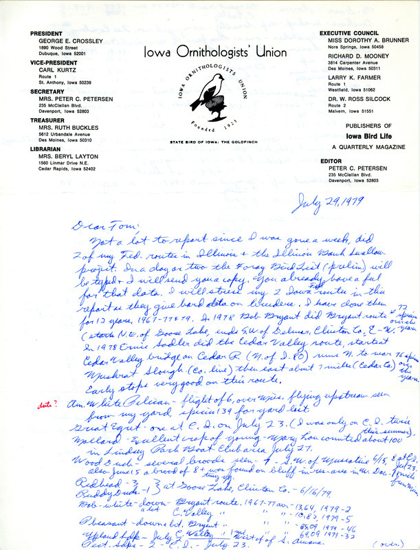 A letter from Peter C. Petersen describing various bird sightings, including an American White Pelican sighting in Davenport, by himself and Mary Lou Petersen. This item was used as supporting documentation for the Iowa Ornithologists' Union Quarterly Report of summer 1979.