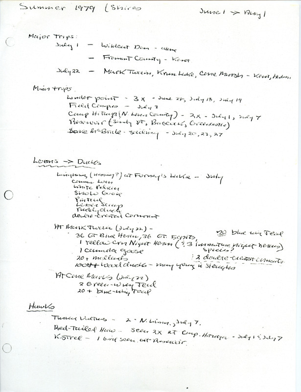 Field notes contributed by Thomas K. Shires documenting bird sightings at various locations in Iowa. This item was used as supporting documentation for the Iowa Ornithologists' Union Quarterly Report of summer 1979.