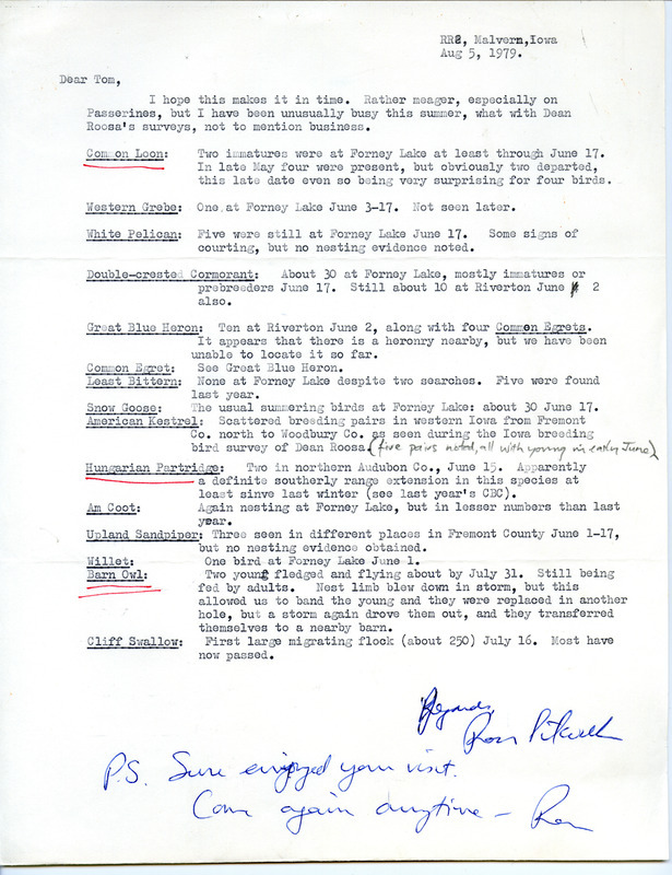 Letter from Ross Silcock to Thomas H. Kent regarding various bird sightings in western Iowa, including two young barn owls he banded. This item was used as supporting documentation for the Iowa Ornithologists' Union Quarterly Report of summer 1979.