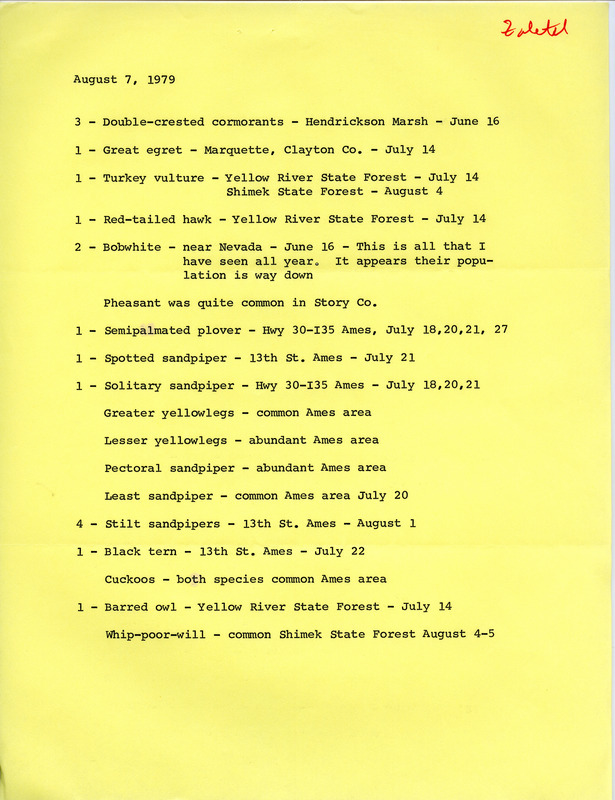 Field notes from Hank Zaletel noting various bird sightings. He notes the low number of Northern Bobwhite sightings. This item was used as supporting documentation for the Iowa Ornithologists' Union Quarterly Report of summer 1979.