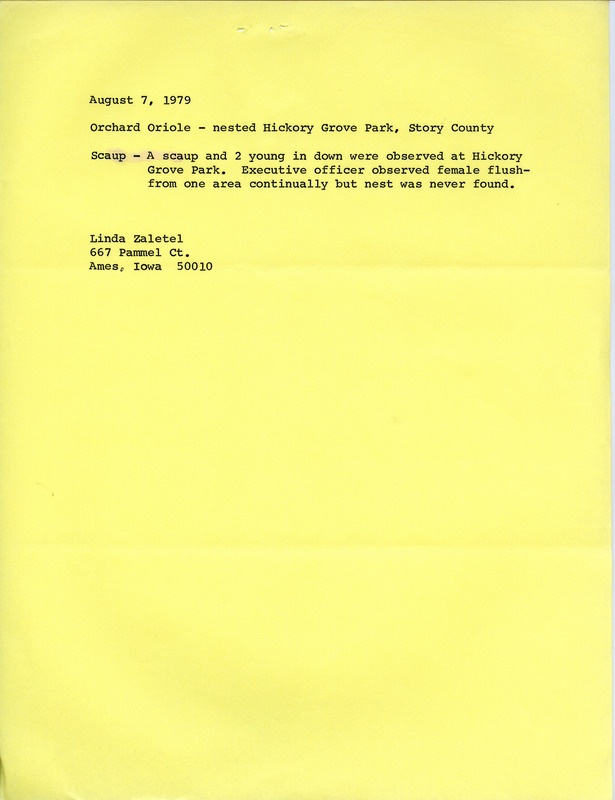 Field notes from Linda Zaletel reporting bird sightings in Hickory Grove Park. This item was used as supporting documentation for the Iowa Ornithologists' Union Quarterly Report of summer 1979.