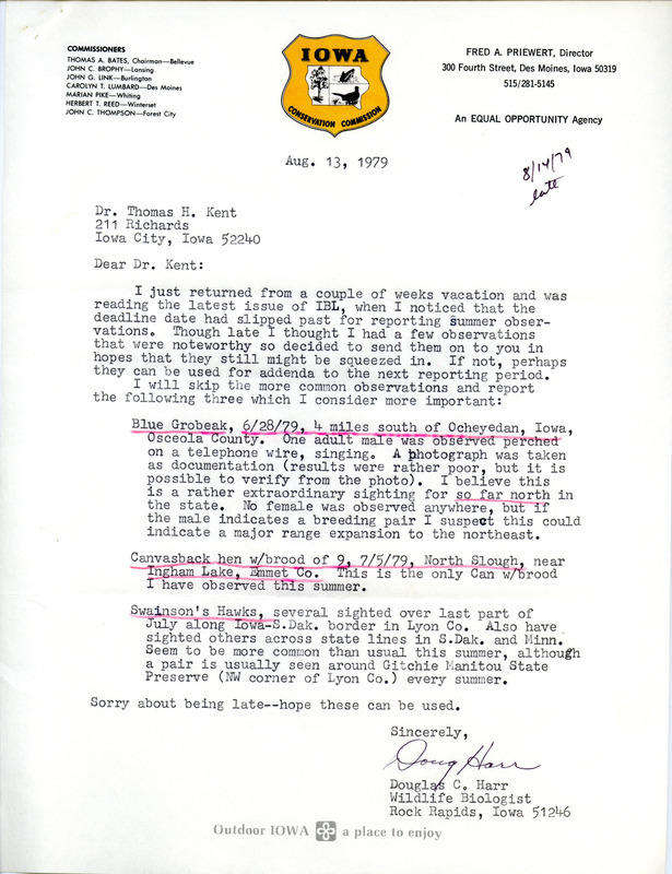 Field notes for fall 1979 contributed by Douglas C. Harr in a letter to Thomas H. Kent, August 13, 1979. It includes a follow-up letter supporting his sighting of a Blue Grosbeak. This item was used as supporting documentation for the Iowa Ornithologists Union Quarterly field report of fall 1979.