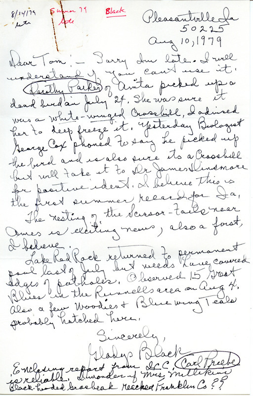 Field notes for fall 1979 contributed by Gladys Black in a letter to Thomas H. Kent. This item was used as supporting documentation for the Iowa Ornithologists Union Quarterly field report of fall 1979.