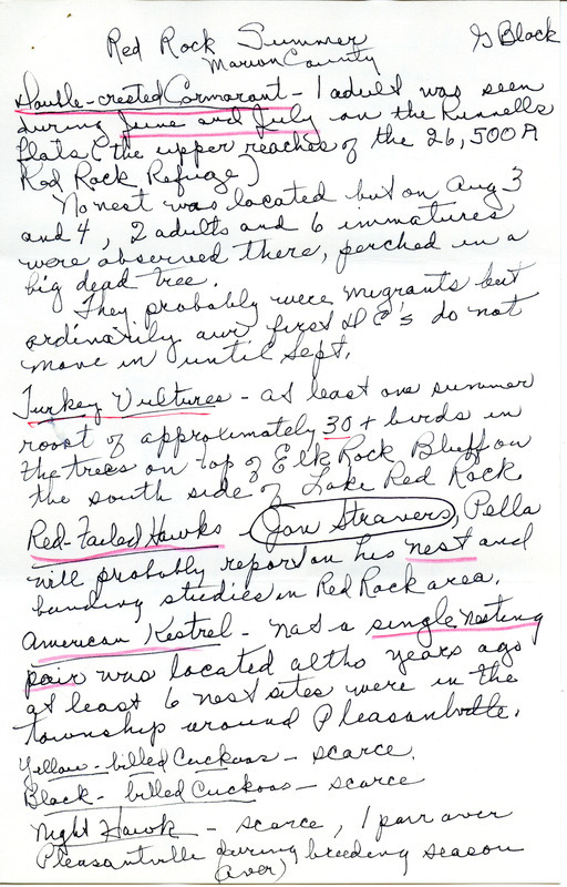 Field notes reported by Gladys Black from the Red Rock Refuge, summer, 1979. This item was used as supporting documentation for the Iowa Ornithologists Union Quarterly field report of fall 1979.