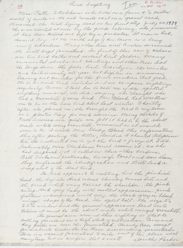 Letter from Dorothy Parker regarding a deceased bird found near Anita, Iowa, it was identified it as a White-winged Crossbill. The bird was found on July 24, 1979. This item was used as supporting documentation for the Iowa Ornithologists Union Quarterly field report of fall 1979.