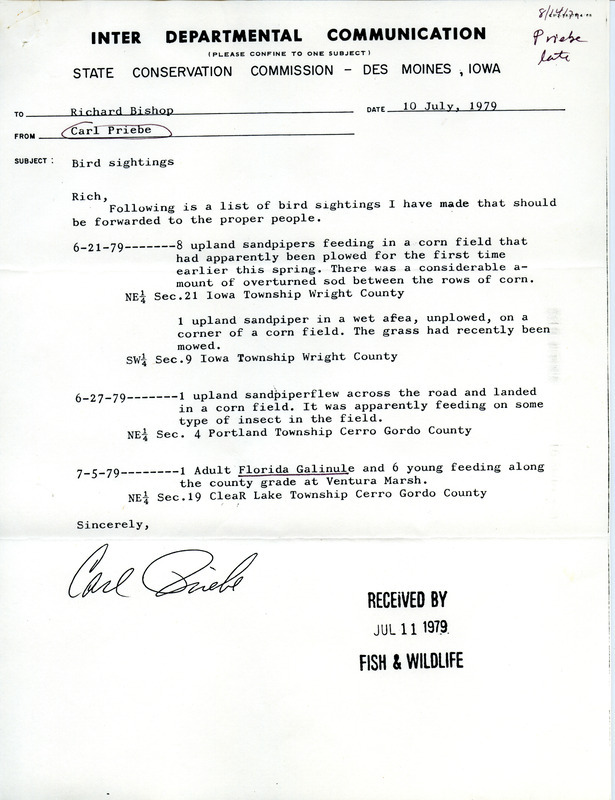 Field notes for summer 1979 contributed by Carl Priebe in a letter to Richard Bishop, July 10, 1979. This item was used as supporting documentation for the Iowa Ornithologists Union Quarterly field report of fall, 1979.