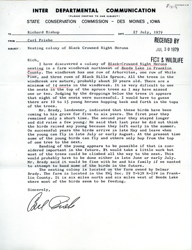 Field notes for summer 1979 contributed by Carl Priebe in a letter to Richard Bishop, July 27, 1979. In the letter Carl Priebe describes his discovery of a colony of nesting Black-crowned Night Herons it also includes the bird habitat. This item was used as supporting documentation for the Iowa Ornithologists Union Quarterly field report of fall, 1979.