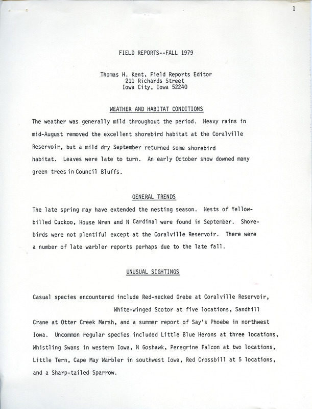 Quarterly field report for the fall of 1979 titled "Field Reports--fall 1979," contributed by Thomas H. Kent.