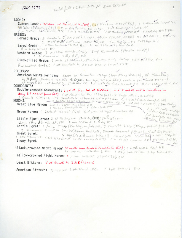 Bird sighting checklist it includes a list of birds and locations. This item was used as supporting documentation for the Iowa Ornithologists' Union Quarterly Report of fall 1979.