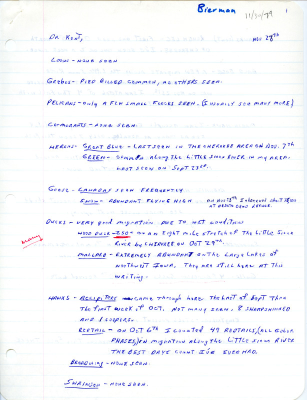 Letter from Dick Bierman to Thomas H. Kent regarding bird sightings, November 28, 1979. This item was used as supporting documentation for the Iowa Ornithologists' Union Quarterly field report of fall 1979.