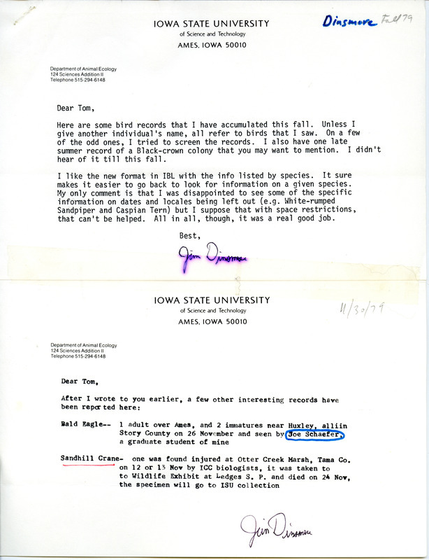 Letter from James J. Dinsmore to Thomas H. Kent regarding bird sightings. This item was used as supporting documentation for the Iowa Ornithologists Union Quarterly field report of fall 1979.