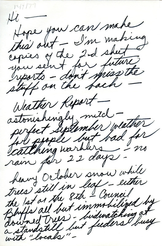 Letter from Janet G. Greer regarding the sighting of a Northern Goshawk, includes weather conditions and other documentation. Other observers include Marge Graf and Anne Bohlen. This item was used as supporting documentation for the Iowa Ornithologists Union Quarterly field report of fall 1979.