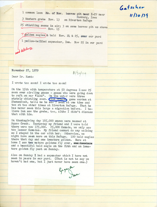 Field notes contributed by Jane Getscher in a letter to Thomas H. Kent, November 27, 1979 with observer Don Priebe. This item was used as supporting documentation for the Iowa Ornithologists Union Quarterly field report of fall 1979.