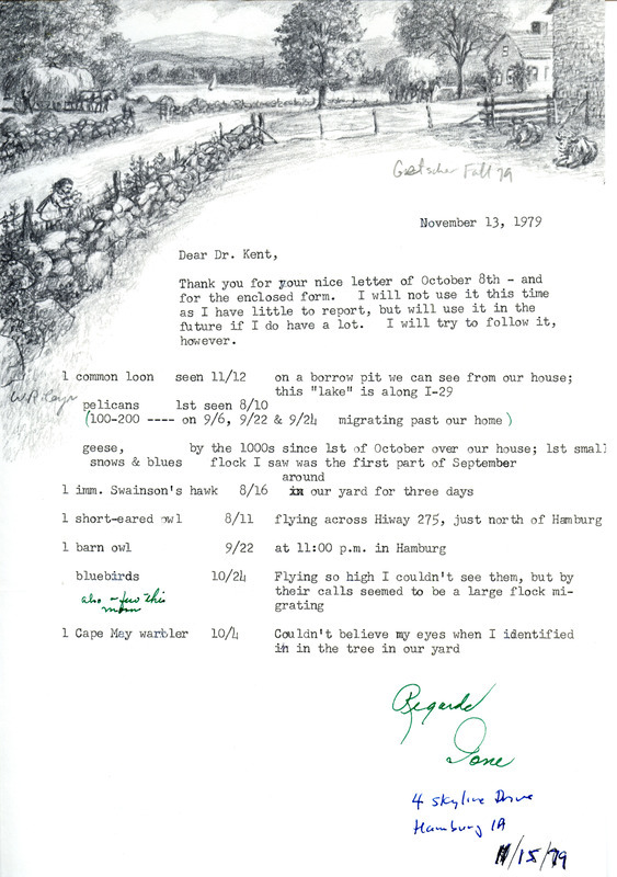 Field notes contributed by Jane Getscher in a letter to Thomas H. Kent, November 13, 1979. This item was used as supporting documentation for the Iowa Ornithologists Union Quarterly field report of fall 1979.