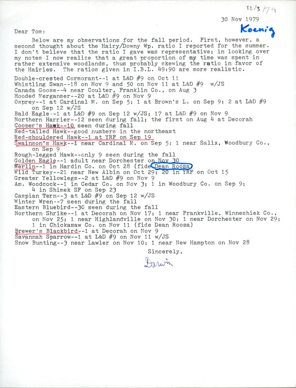 Field notes contributed by Darwin Koenig in a letter to Thomas H. Kent, November 30, 1979. This item was used as supporting documentation for the Iowa Ornithologists Union Quarterly field report of fall 1979.