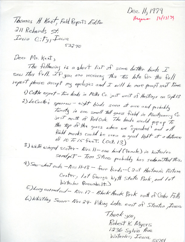 Field notes contributed by Robert K. Meyers in a letter to Thomas H. Kent, December 11, 1979. This item was used as supporting documentation for the Iowa Ornithologists Union Quarterly field report of fall 1979.