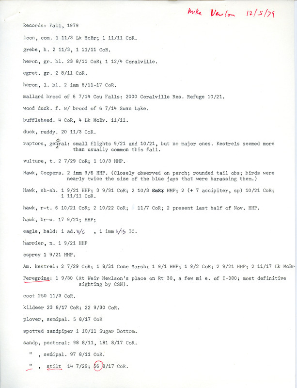 List of birds and locations contributed by Mike Newlon. This item was used as supporting documentation for the Iowa Ornithologists Union Quarterly field report of fall 1979.