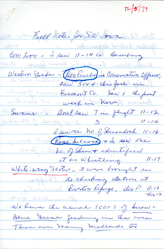 List of birds and locations contributed by Ruth Phipps with observers Don Priebe and W. Ross Silcock. This item was used as supporting documentation for the Iowa Ornithologists Union Quarterly field report of fall 1979.