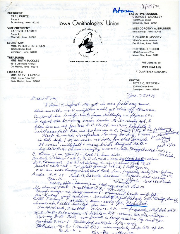 Field notes contributed by Peter Peterson in a letter to Thomas H. Kent regarding bird banding, November 25, 1979. The field notes include a list of warblers banded between 1968-1978 in Davenport, Iowa. This item was used as supporting documentation for the Iowa Ornithologists Union Quarterly field report of fall 1979.