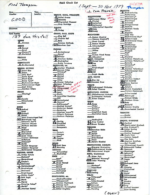 Bird sightings checklist contributed by Fred K. Thompson. This item was used as supporting documentation for the Iowa Ornithologists' Union Quarterly Report of fall 1979.