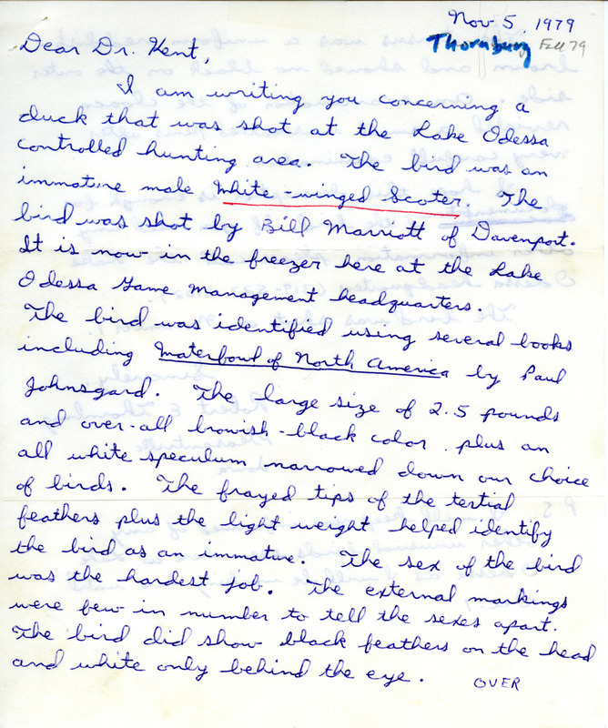 Robert E. Thornburg letter to Thomas H. Kent regarding the identification of a deceased White-winged Scoter, November 5, 1979. The letter includes a detailed description of the bird. This item was used as supporting documentation for the Iowa Ornithologists Union Quarterly field report of fall 1979.